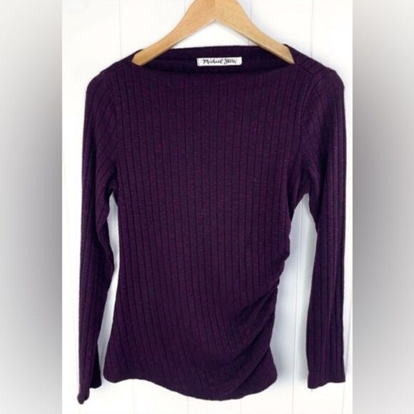 Michael Stars Ribbed Purple Long‎ Sleeve Ruched Side Top OS - Picture 1 of 8